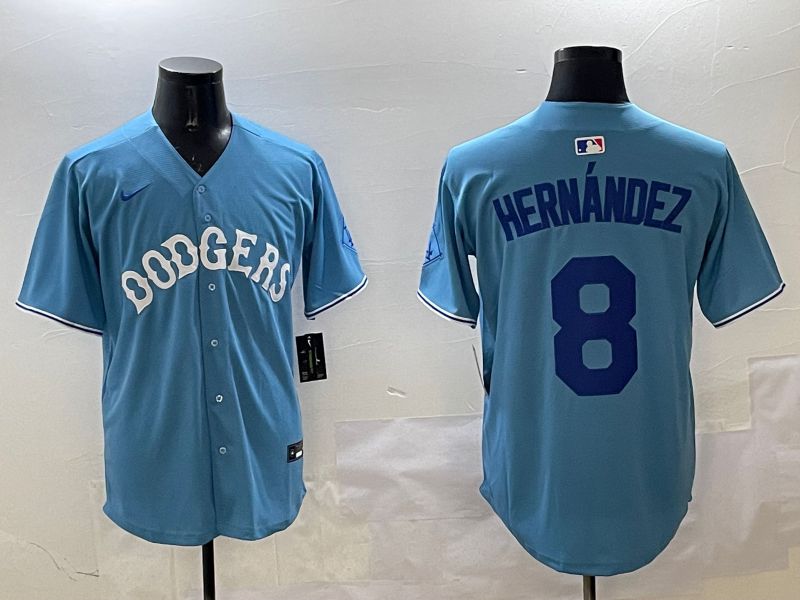 Men Los Angeles Dodgers 8 Hernandez Light Blue Throwback Game 2025 Nike MLB Jersey style 13